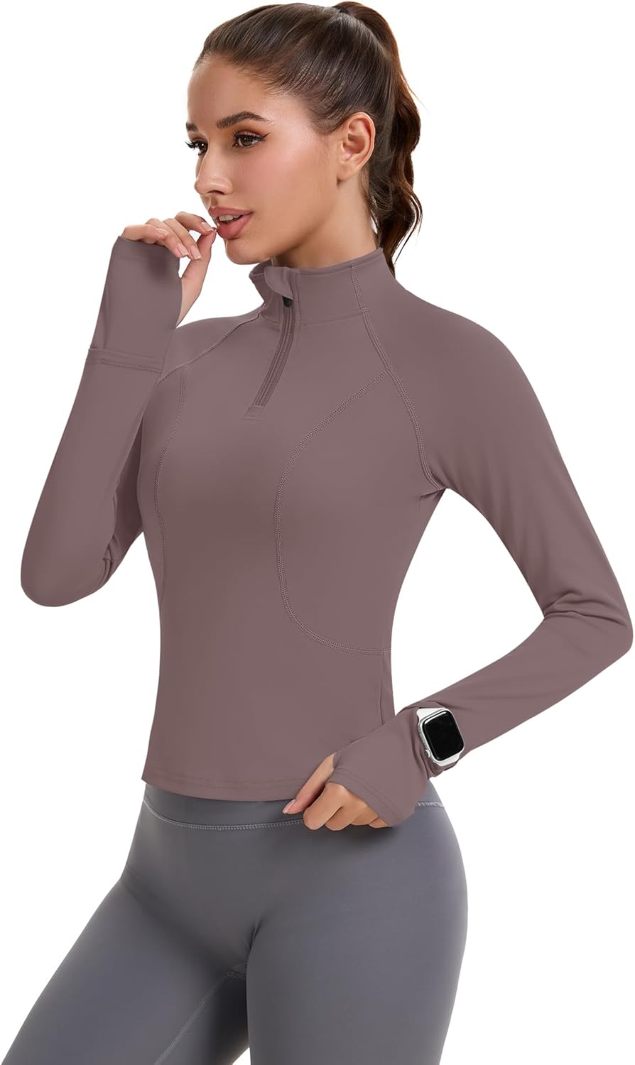 Avoogue Womens Long Sleeve Workout Tops Quick Dry Quarter Zip Pullover Crop Slim Fit Althletic Golf Shirts with Thumb Holes - Image 2