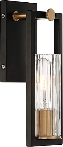 Miniatura 6 de Ramos - Juego de 2 apliques de pared industriales modernos de latón cálido negro con cable de 4 12 pulgadas, pantalla de vidrio acanalado