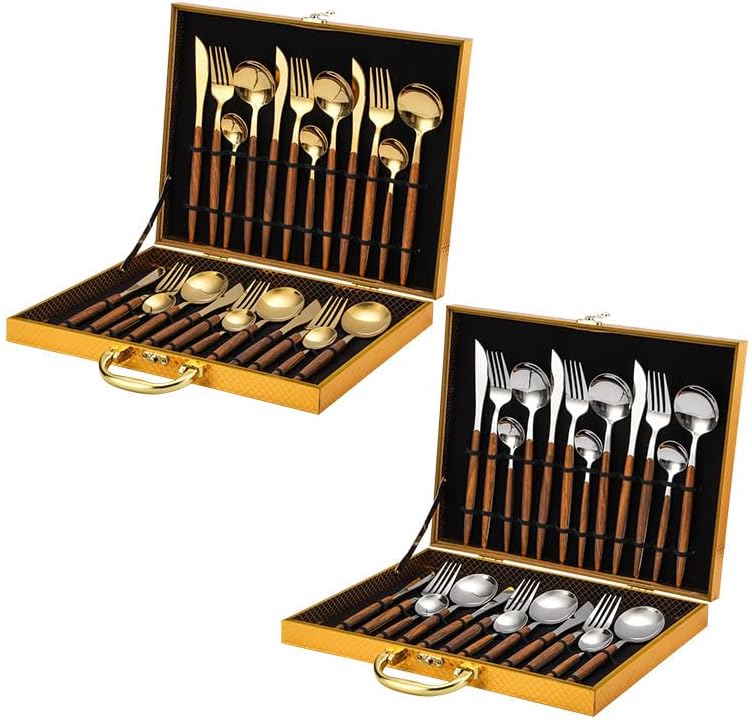 Silverware Flatware Cutlery Set, 24-piece Imitation Wood Stainless Steel Tableware Portuguese Steak Knife, Fork And Spoon Wooden Gift Box Set (Color : Gold, Size : 24Pcs with Box)