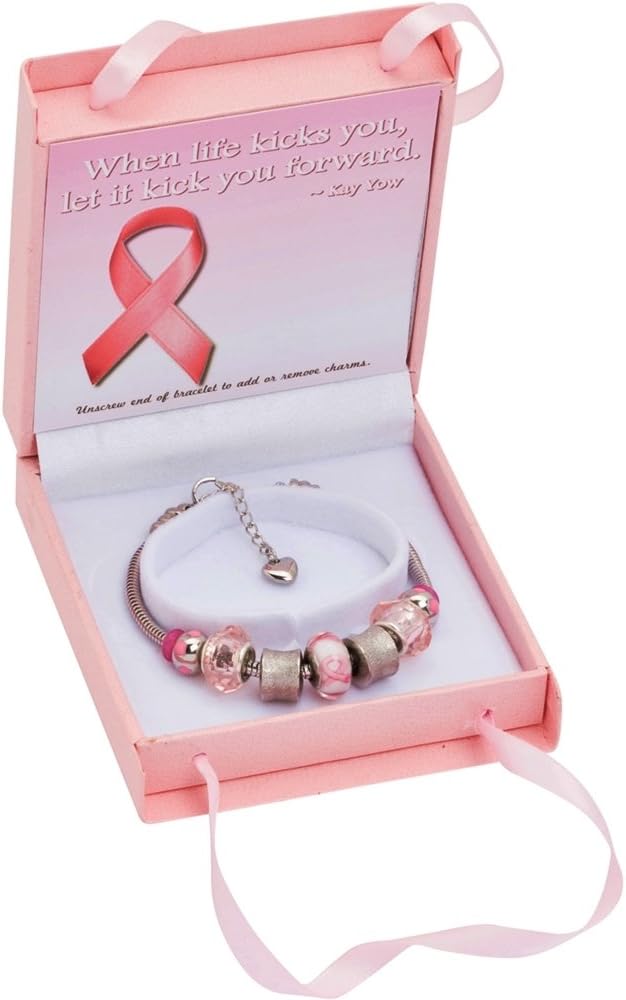 European Charm Bracelet with Bead Charms for Women, Stainless Steel Snake Chain, Pink Awareness Ribbon Charm