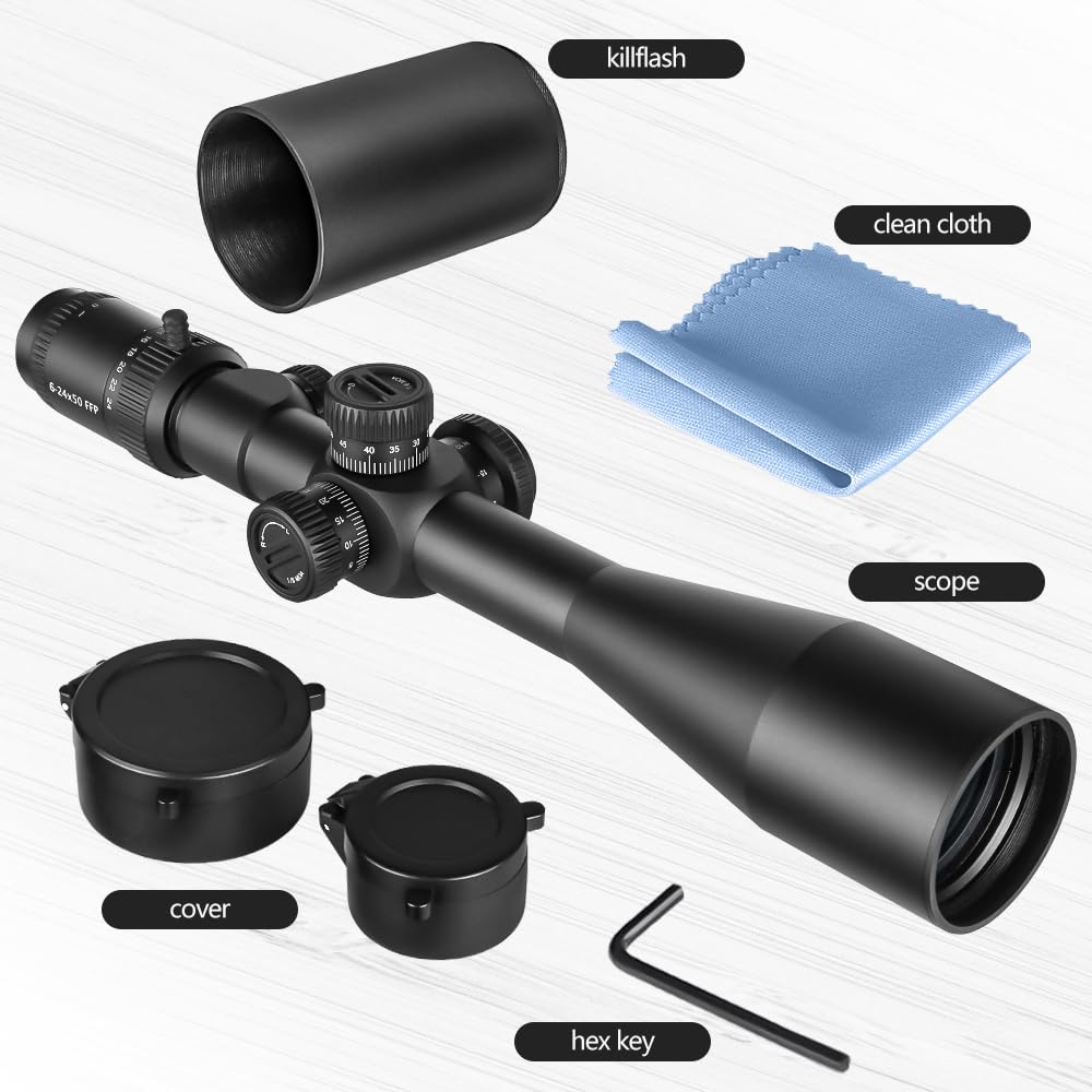 SPINA OPTICS 4-16x44 / 6-24x50 SFP 2nd Focal Flat Rifle avec mil Dot Reticle et Support annulaire de 20 mm, Lunette de visée Noires étanches et antibuées, Tube de 30 mm