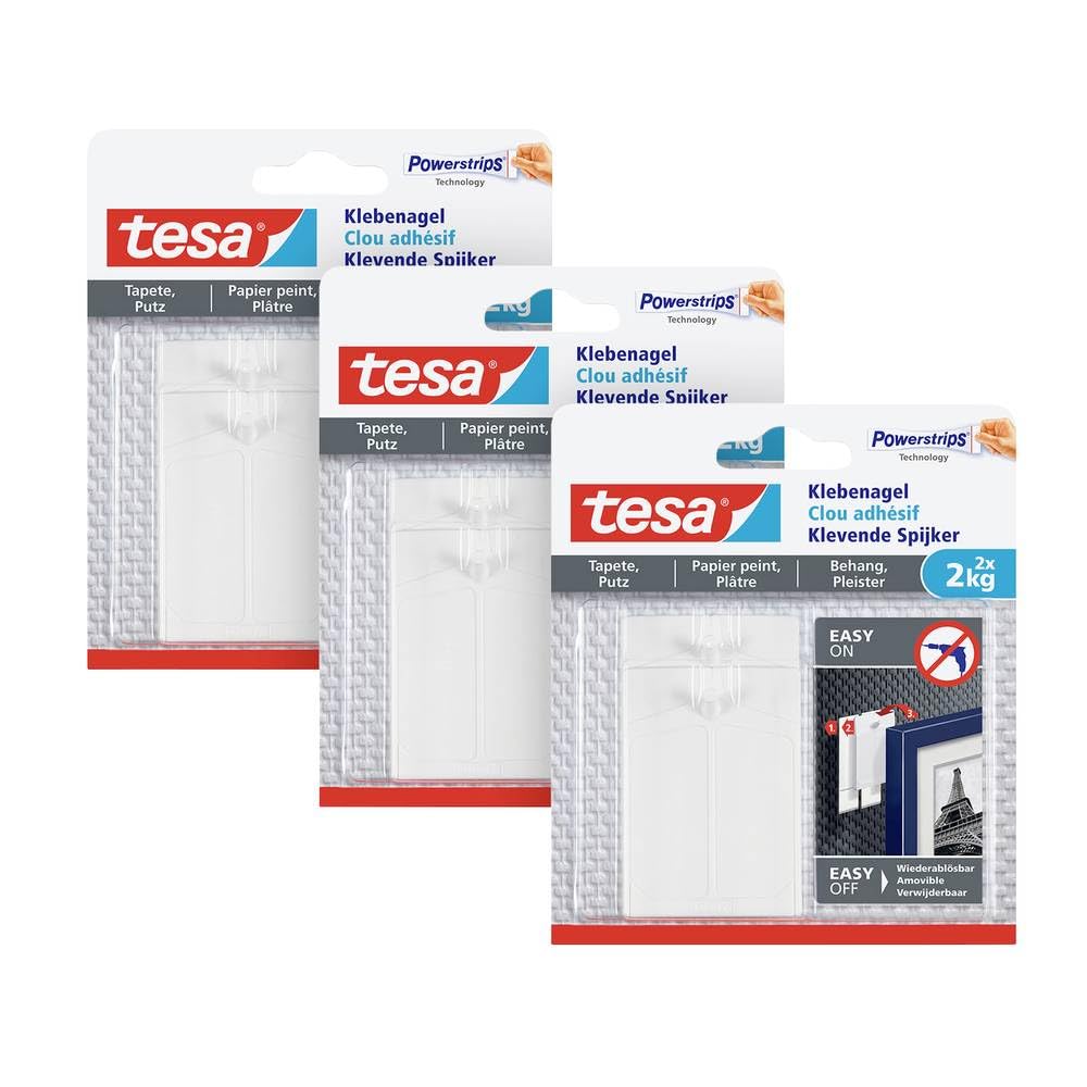 tesa Adhesive Nail for Wallpaper and Plaster, 2 kg, Pack of 3, Self-Adhesive Nails for Sensitive Surfaces, Residue-Free, Up to 2 kg Holding Capacity per Nail, 3 x 2 Adhesive Tapes