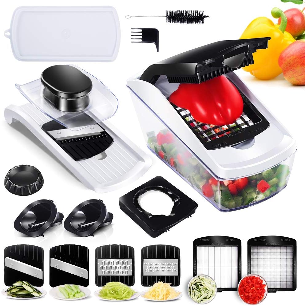 8 in 1 Manual Food Chopper with Container for Vegetable Fruit Multipurpose Mandoline Slicer Grater Spiralizer for Kitchen Salad Preparation with Cleaning Tools