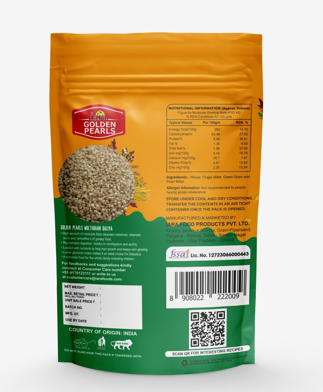 Iara Golden Pearls Multigrain Daliya | Blend of Whole Wheat, Ragi, Hara Chana & Bajara | High in Fiber, Protein & Essential Nutrients | Supports Digestion & Weight Management | Easy to Cook 4