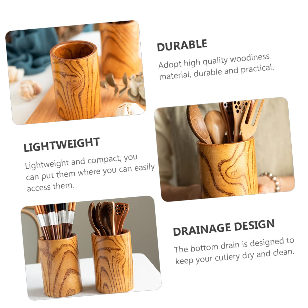 Ciieeo 1Pc Creative Wood Utensil Holder for Kitchen Countertop Stylish Chopsticks Organizer with Drain Design Space Saving Kitchen Tool Storage Utensil Canister