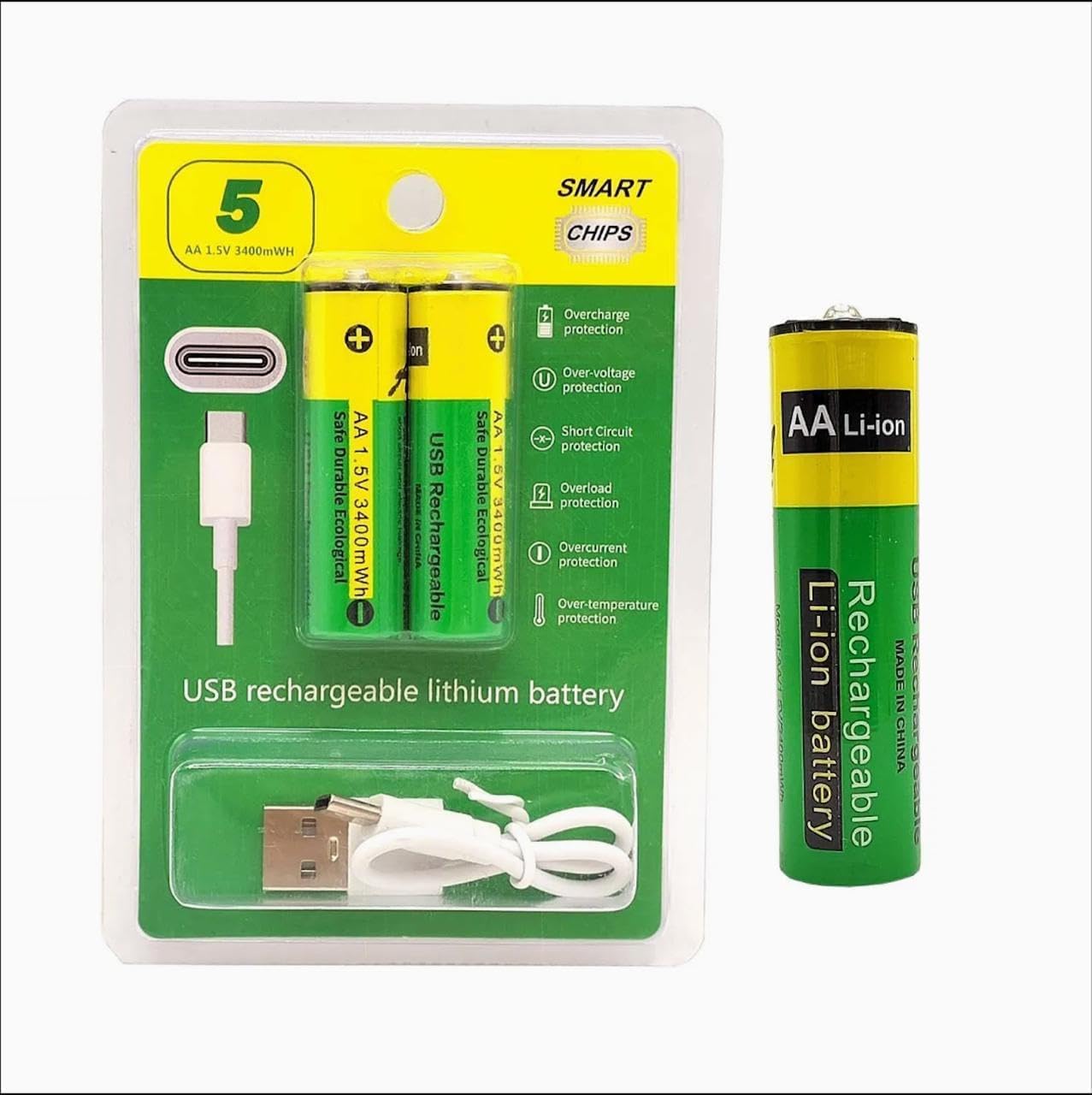 USB Rechargeable AA Batteries Pack of 2 with Type-C Charging Port and Cable, Constant 1.5V Output, 3400mWh High Capacity Li-Ion Cells for Controllers, Trimmers and Remote Devices-picture-29