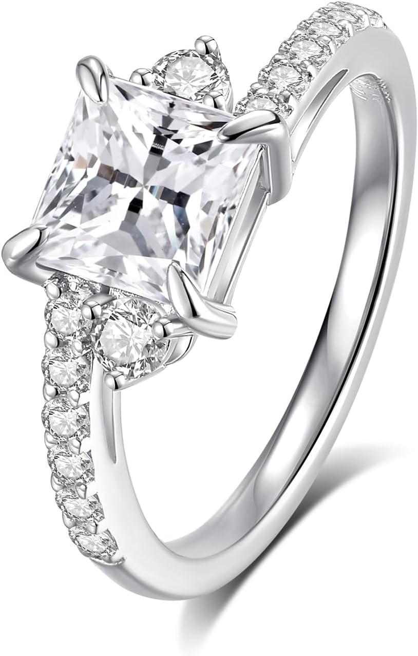 Moissanite Engagement Rings for Women,D Color VVS1 Princess Cut Moissanite Ring 925 Sterling Silver Plated 18K White Gold Wedding Ring - Image 2