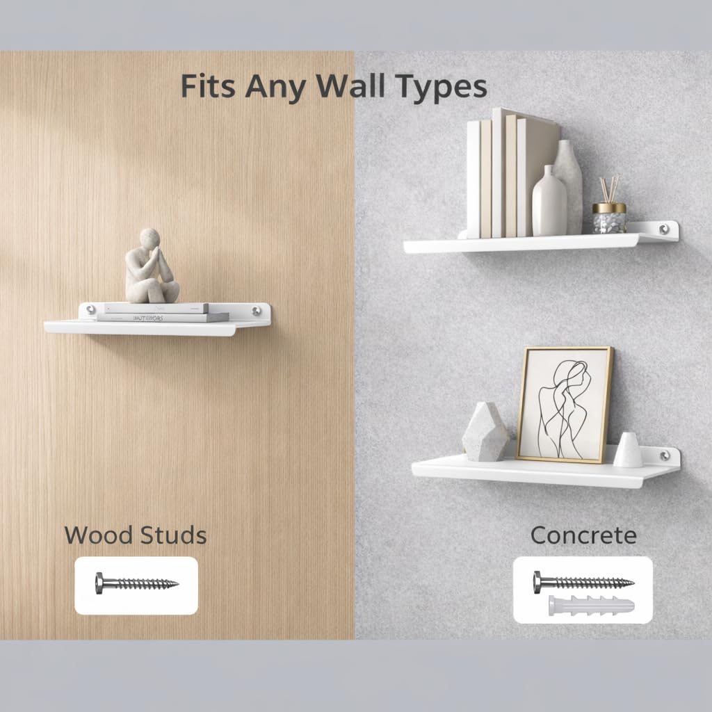 OrganizeMee Floating Wall Shelves for Home –Small Wall Mounted Shelf for Living Room Decor, Bedroom, Kitchen & Puja | Display Rack,Bluetooth Speaker,Plants, Photo Frames & Showpieces | White| 12" long 2