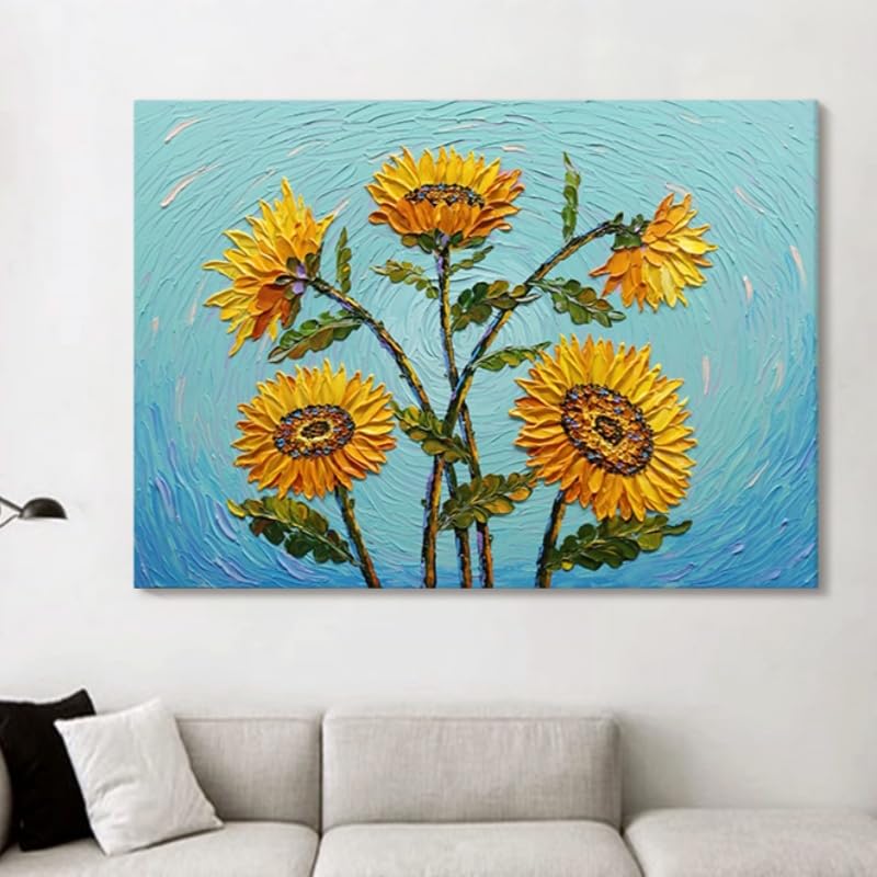 Tableau Moderne Tournesol Étoilé Peint Main pour Remplacer les Impressions sans Âme