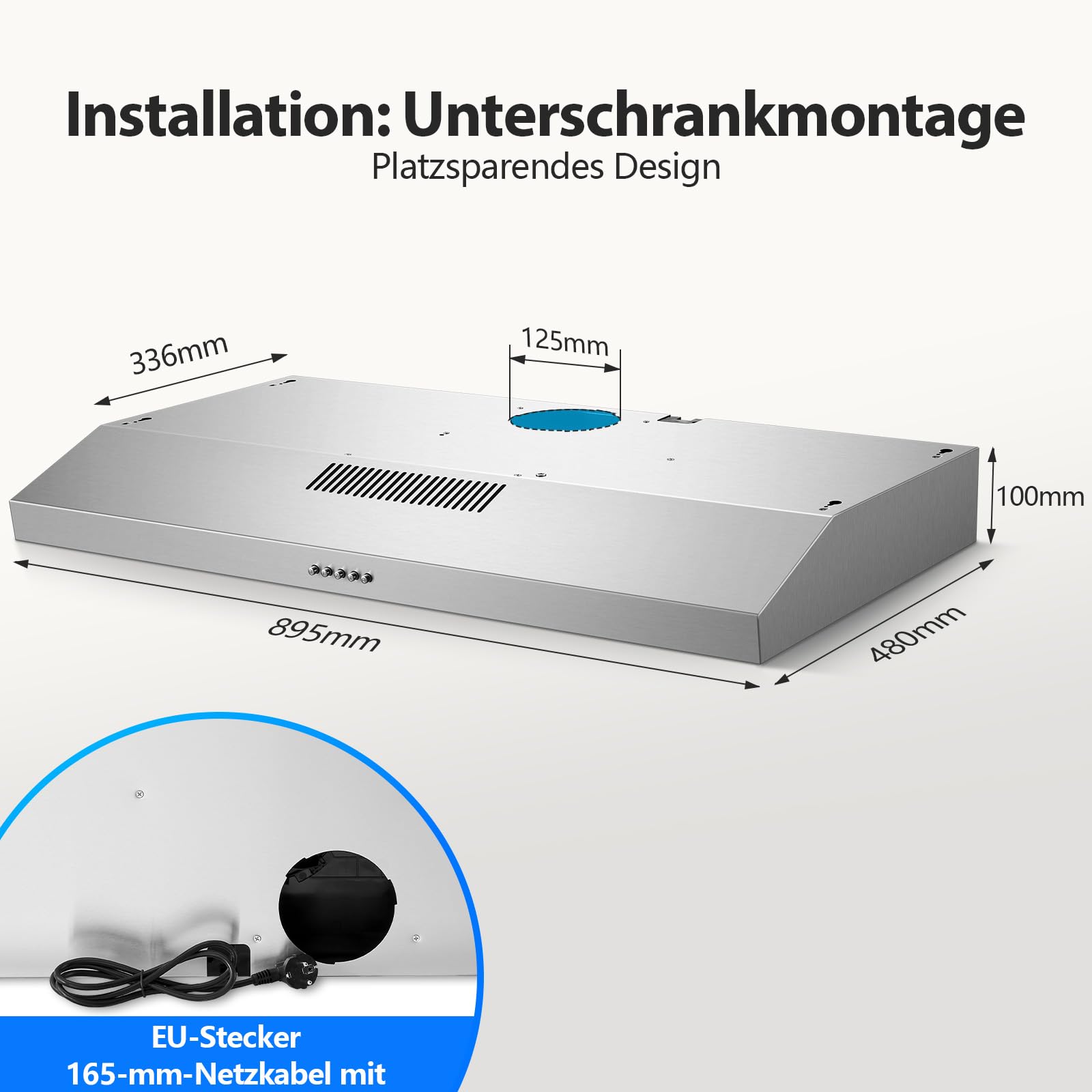TopStrong Dunstabzugshaube 90cm Unterbau, Umluft & Abluft Dunstabzug mit LED-Beleuchtung, 201 m³/h Unterbauhauben Abzugshaube mit Aktivkohlefilter CF-D, A Energieklasse, 3 Stufen, Edelstahl Silber