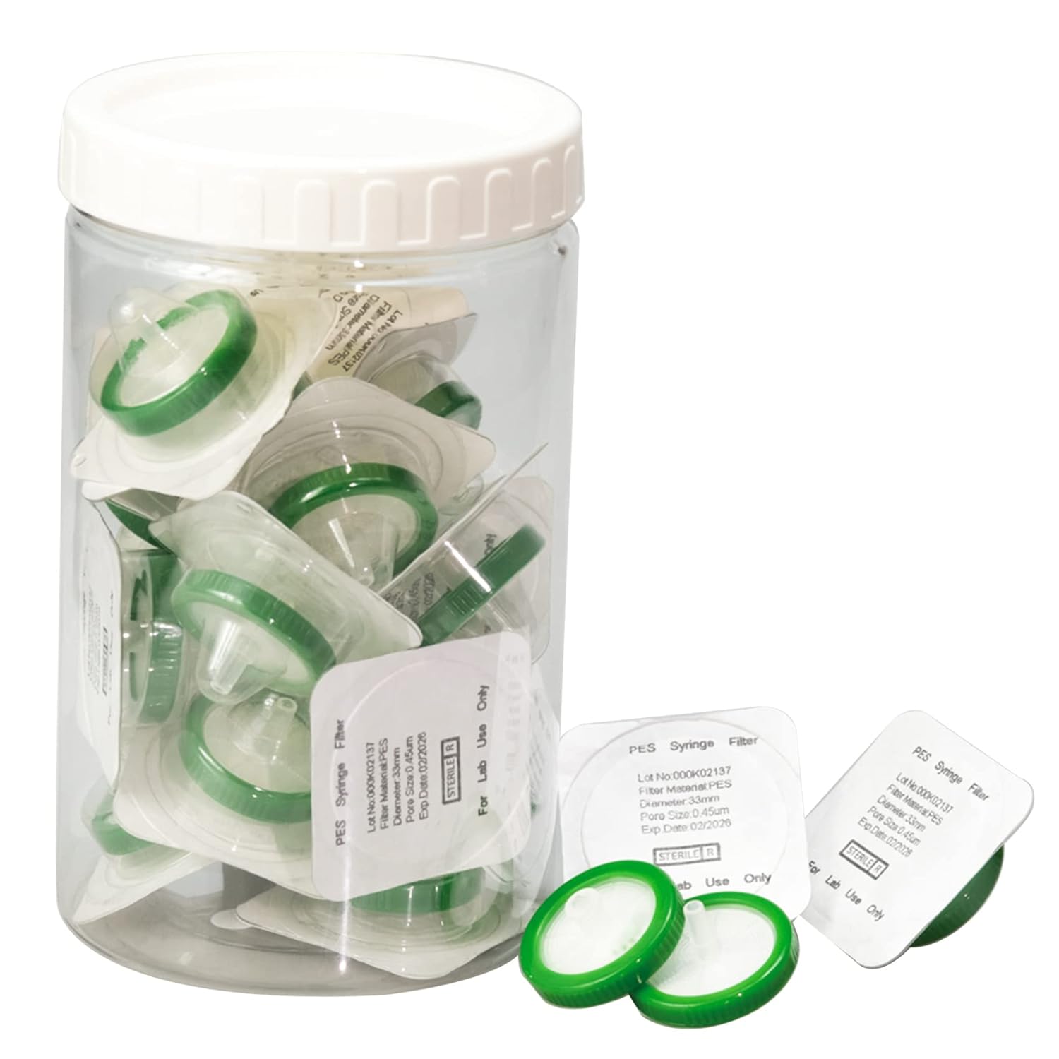 Sterile Syringe Filter PES Hydrophilic Filtration 0.45 um Pore Size, 33 mm Membrane Diameter, 20 Pack, Sterile Packed Individually for HPLC Sample Preparation