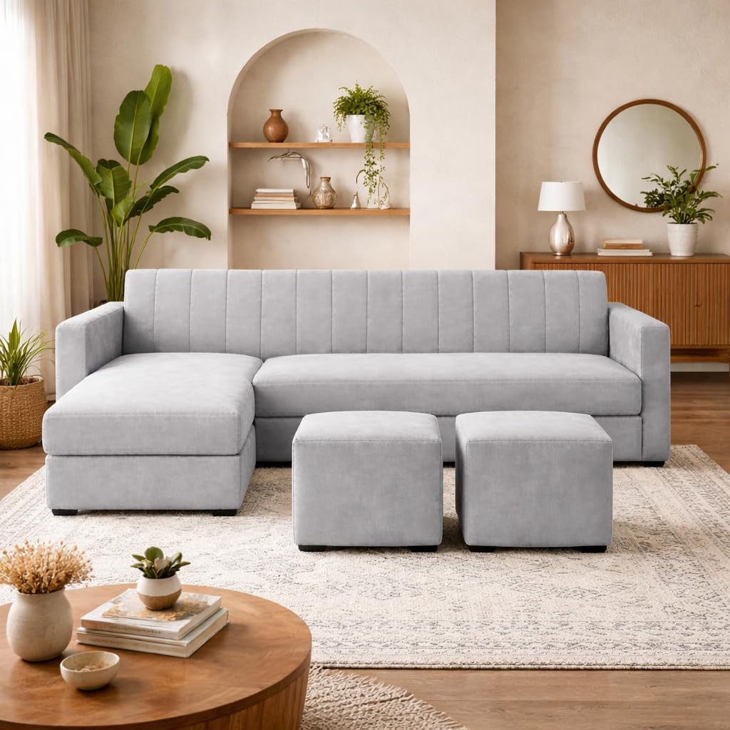 Avarion Luxe Velvet Suede Fabric 4 Seater LHS L Shape Sofa Set | with 2 Ottoman & Removable Lounger | Comfortable & Spacious Seating | Modern Sofa Set for Living Room – Light Grey-image-34