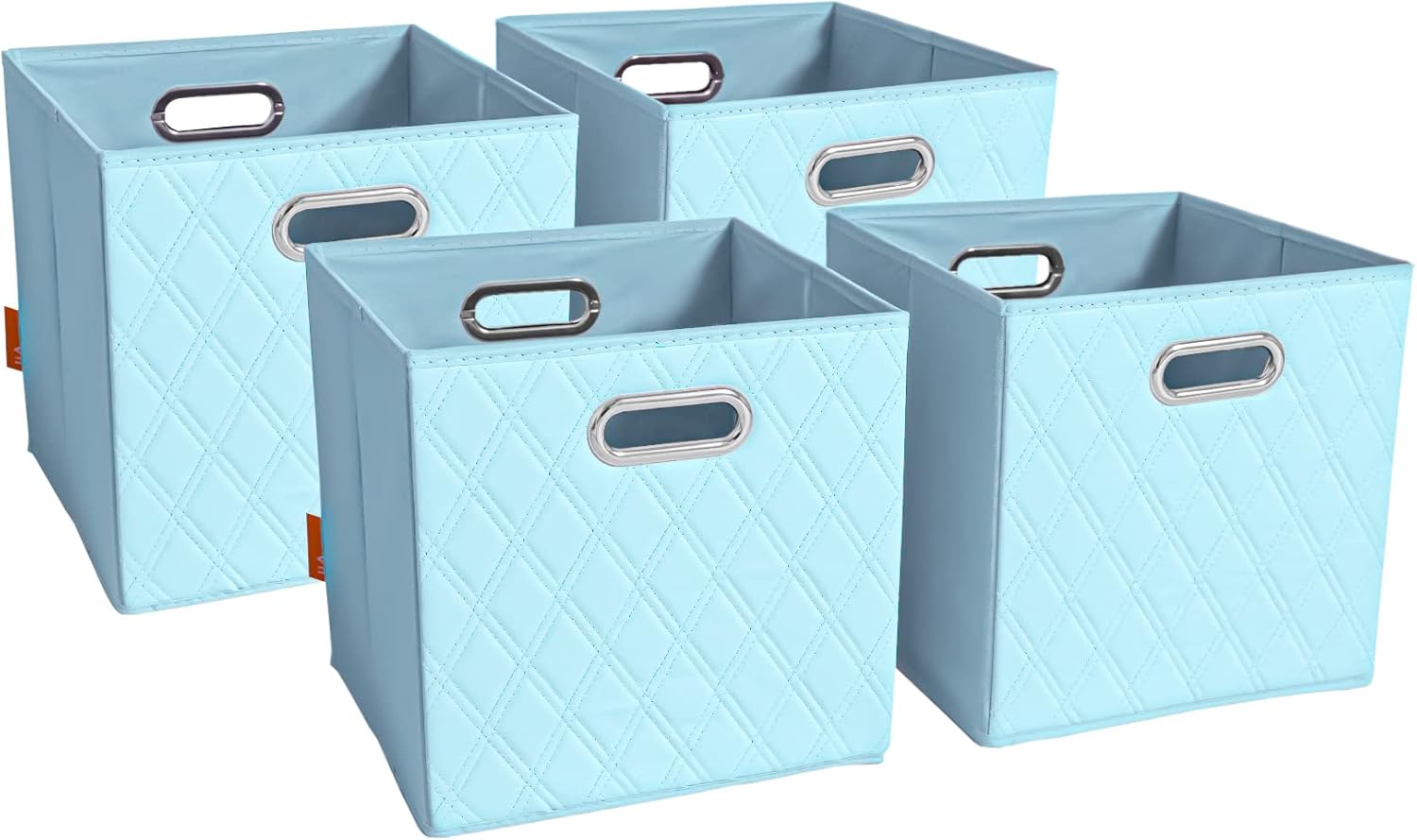 Large 13-inch Blue Foldable Diamond Patterned Faux Leather Storage Cube Bins Set of Four with Handles with Dual Handles for living room, bedroom and office storage