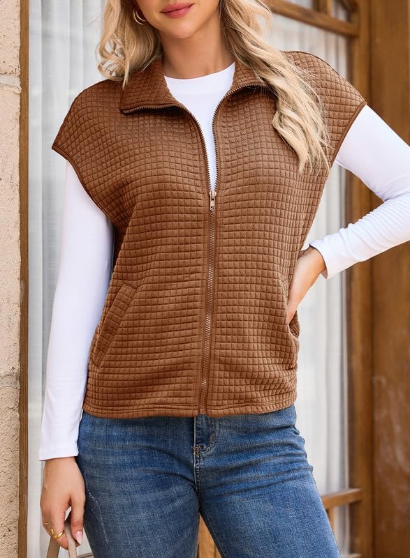 Dokotoo Womens Vest Tops 2026 Zipper Up Cap Sleeve Side Pockets Waffle Knit Sleeveless Oversized Vests - Image 4
