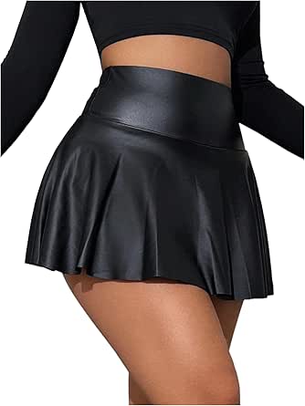 OYOANGLE Women's PU Leather High Waist Skorts with Ruffle Hem