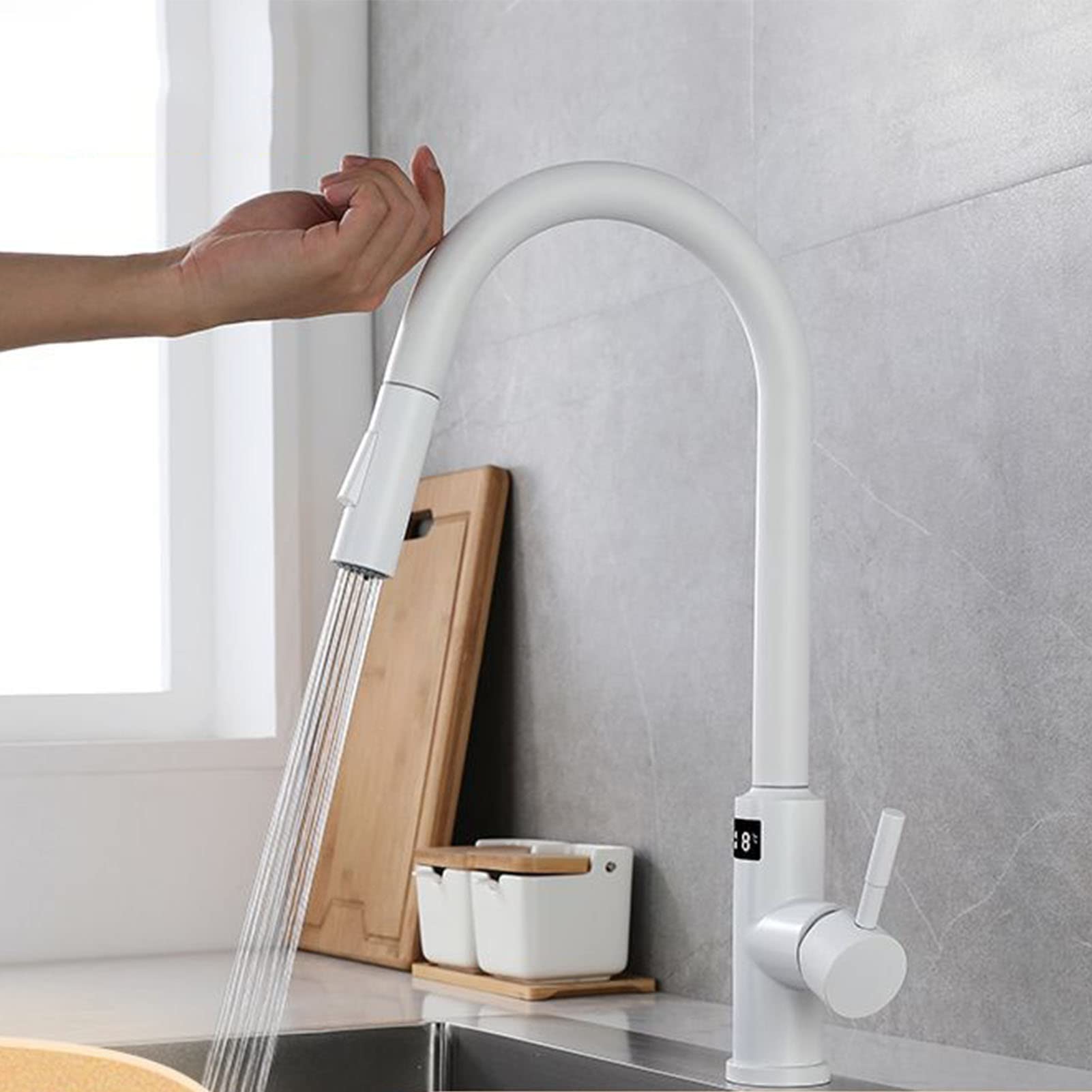 MXXQRHF Touch Kitchen Faucet with Pull Down Sprayer, White Kitchen Faucet with Temperature Display, Single Handle Kitchen Sink Faucet 360°,Modern Kitchen Mixer Tap Auspicious Clouds