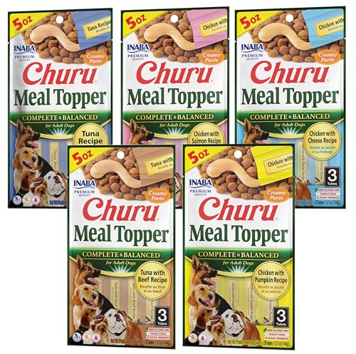 INABA Churu Meal Topper for Dogs, Complete & Balanced, Creamy, Lickable Purée Dog Food Toppers, 1.69 Ounce Tube, 15 Tubes (3 per Pack), 5 Flavor Variety Pack