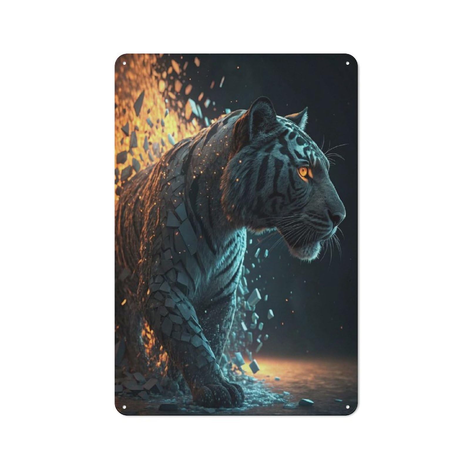 Tiger Emerging from Shattering Fire Distressed Look Metal Wall Decor 30x20cm, Vintage Tin Sign for Living Room, Hallway, Kitchen Or Cafe