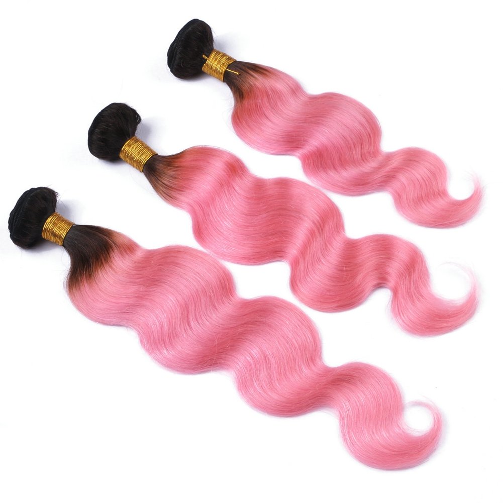 Ruma Hair 1B Pink Dark Root Ombre Human Hair Extensions With 13x4 Lace Frontal Closure 4Pcs Lot Two Tone Dark Root Ombre Virgin Hair Body Wave 3 Bundles With Ear to Ear Full Frontals (16+16 16 16)