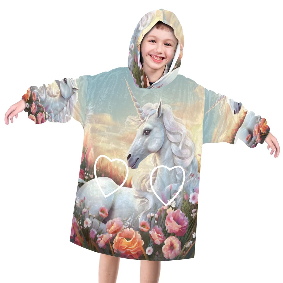 Pardick Wearable Blanket Hoodie for Kids, White Horse Fleece Sweatshirt Blanket Oversized Blanket Sweatshirt with Pocket Flannel Warm Hooded Blanket 6-10 Year Old Girl Boy Gift, One Size