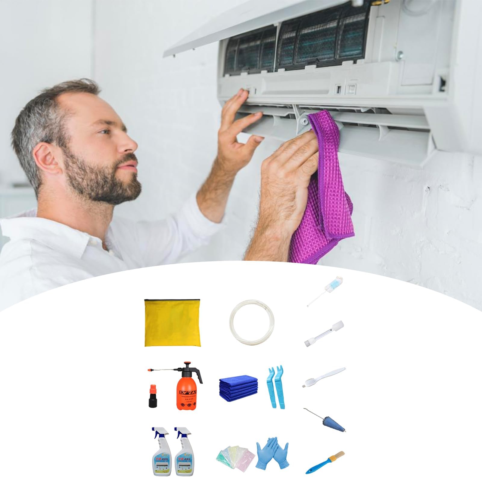 Set completo di copertura per condizionatore d'aria, impermeabile, 16 pezzi, kit di pulizia con corda, accessori essenziali per la manutenzione e la pulizia del condizionatore d'aria