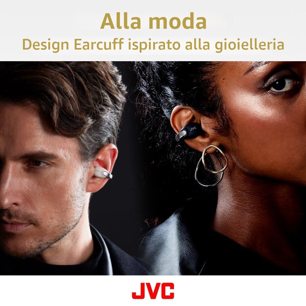 JVC Nearphones HA-NP1T-B, Cuffie in stile Earcuff con archetto lucido, vestibilità comoda, connessione multipoint, Bluetooth 5.3, autonomia di 24 ore, compatibili con app - Nero