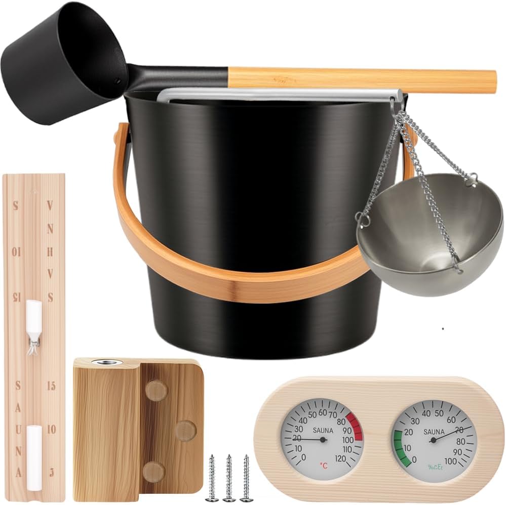 Sauna Accessories Kit, Bucket and Ladle Set, Thermo-Hygrometer, Hourglass, Aromatherapy Bowl Oil Cup Holder, 5-Pack (Aluminum)