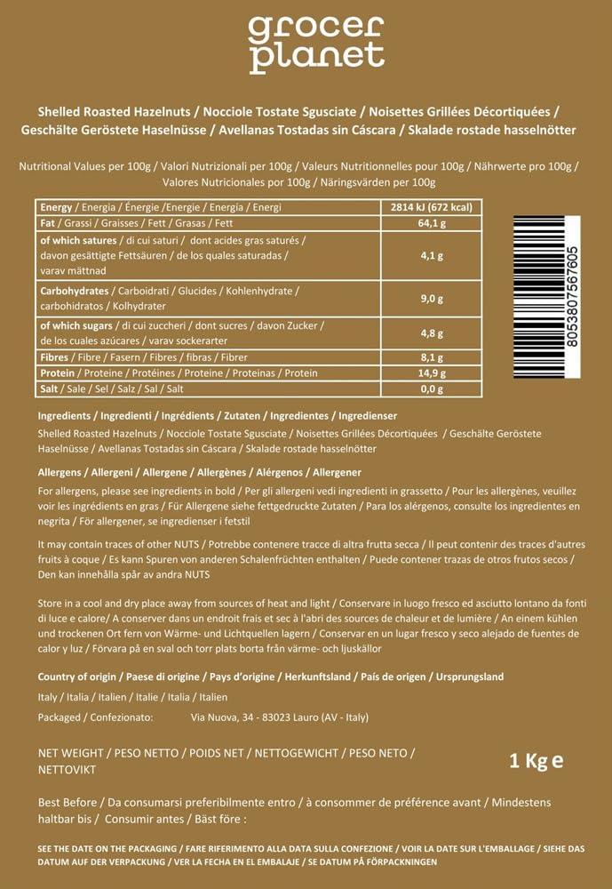 Grocer Planet - Avellanas Tostadas Sin Cáscara Natural (1Kg) | Origen Italia | Origen Campania