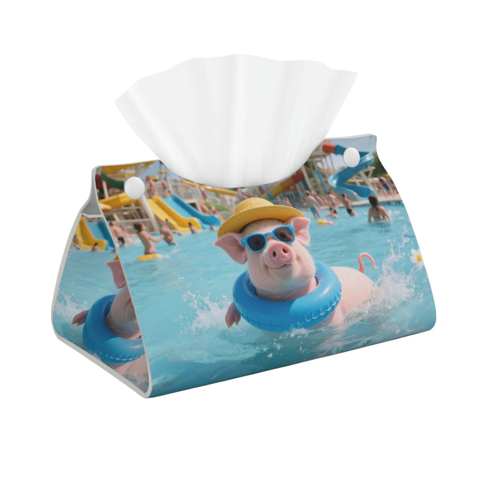 Pu Leather Tissue Box Cover, Cute Pig Swimming Rectangle Tissue Case Covers Decorative Tissue Box Holder Waterproof Tissue Holder Organizer for Bathroom Home Office