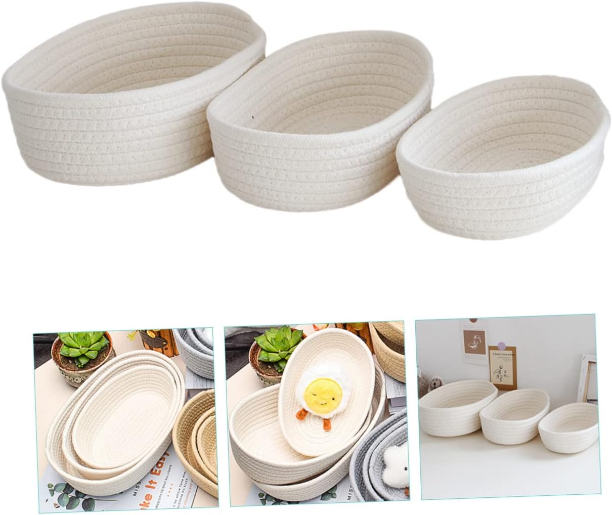 Amosfun 3pcs Woven Storage Baskets Handcrafted Cotton Rope Bins for Organizing Sundries Toys and Books Modern Design Stackable Lightweight for Home Office