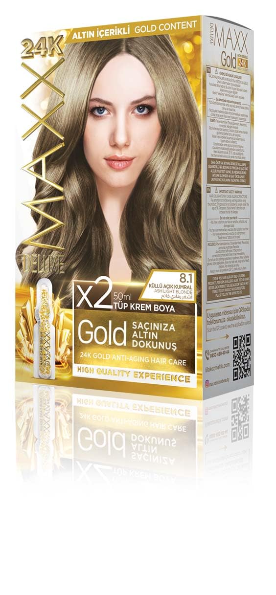 MAXX DELUXE Gold serisi 24K Altın Parçacıklı Serum ile 1 Kutu 2 x 50 ml ve Geliştiriciler Saç Boyası (KÜLLÜ AÇIK KUMRAL 8.1)