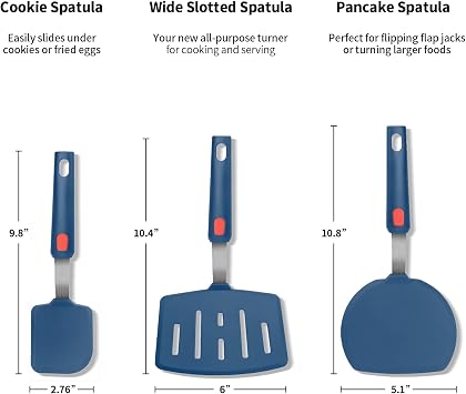 3-Pack Silicone Spatula Set, Heat Resistant Kitchen Utensils for Non-Stick Cookware, Wide Slotted Pancake Spatulas Turner with Seamless Thin Edges for Egg, Omelette, Fish Slice (Hazy Blue)