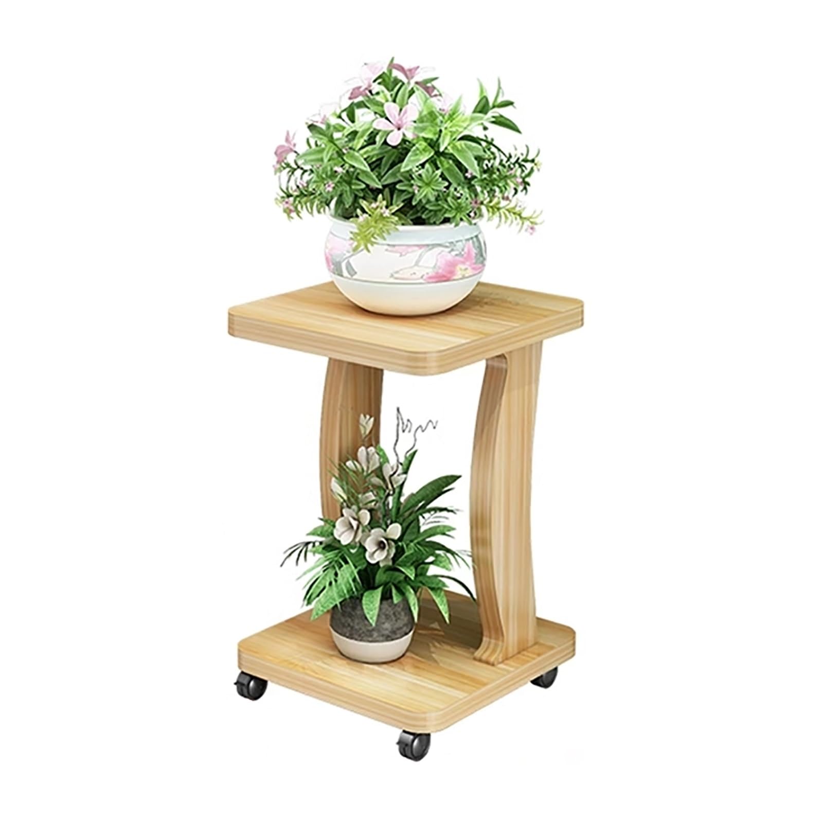 Support à plantes à roulettes en bois beige avec roulettes pivotantes pour salon et jardin