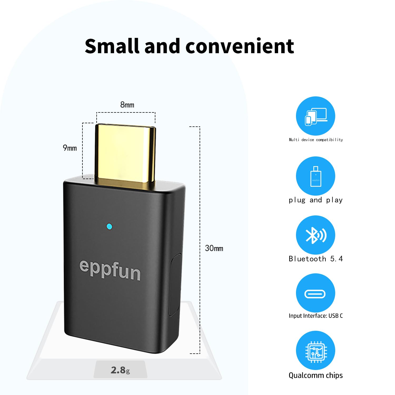 eppfun Bluetooth 5.4 Clé USB-C Audio Adaptateur Dongle pour PC PS5, avec Micro Séparé, Le Audio/APTX-Lossless Adaptive sans Fil Transmetteur pour Écouteur/Enceinte (Uniquement Audio)