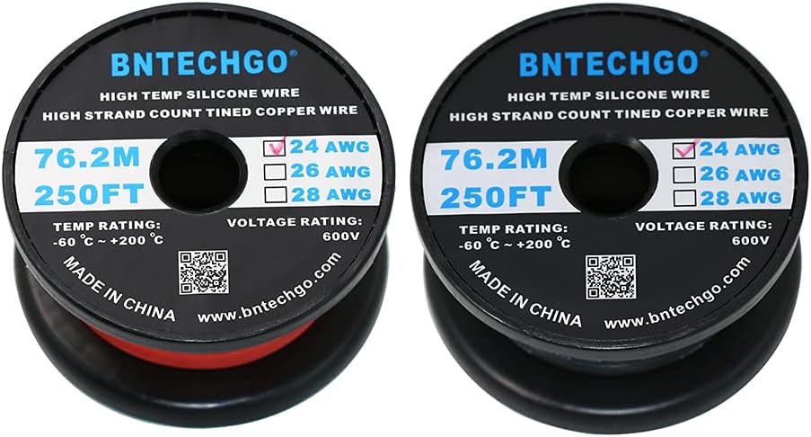 BNTECHGO 24 Gauge Silicone Wire Spool Red and Black Each 250ft Flexible 24 AWG Stranded Tinned Copper Wire