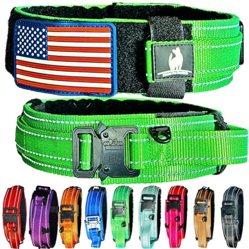 Dog Collar with Control Handle Quick Release Metal Buckle Heavy Duty Military Style 2" Width Nylon with USA Flag for Handling and Training Large Canine Male Or Female K9