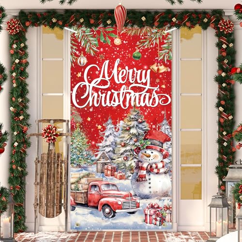 Christmas Door Cover Snowman Decoration Xmas Large Photography Background Banner Porch Sign for Winter Indoor Outside Front Door Banner Farmhouse Party Supplies 6 x 3 Feet