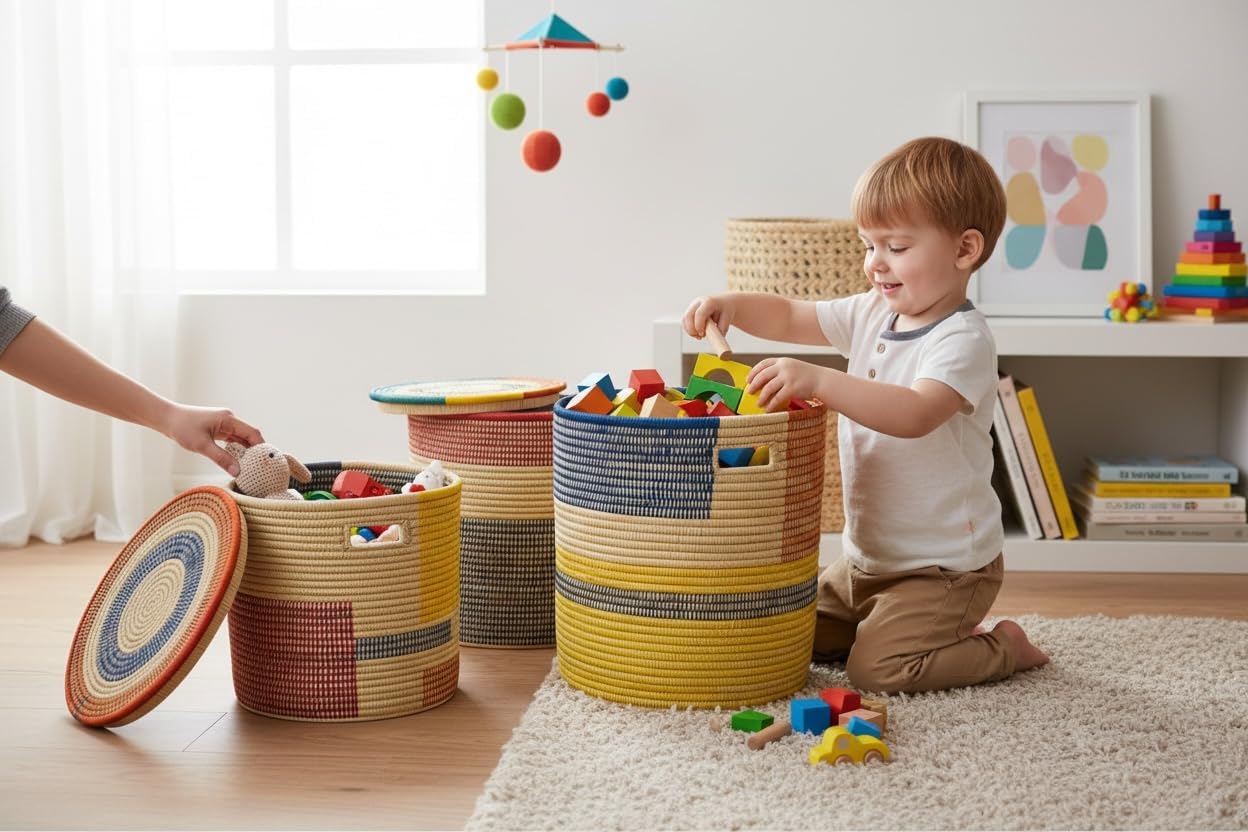 Medium Laundry Woven Malawi Storage Basket With Lid: Storage Basket Multi Colored