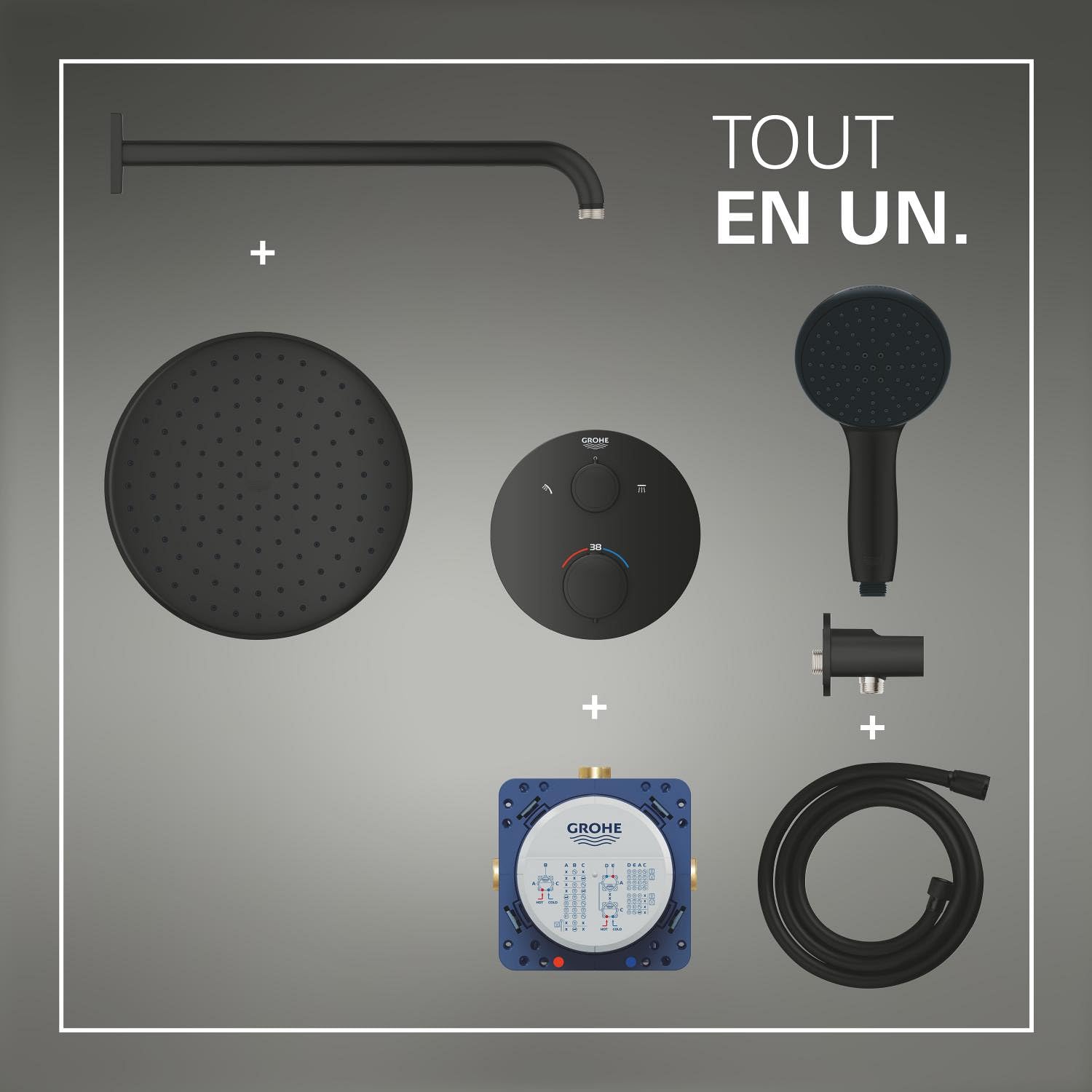 GROHE Precision Thermostatique Rond Ensemble de Douche Encastré Vitalio Start avec Douche de Tête 25cm, Douchette 11cm 2 jets, Support Mural et Flexible 1.5m, Economie d'Eau, Noir Mat, 348832430