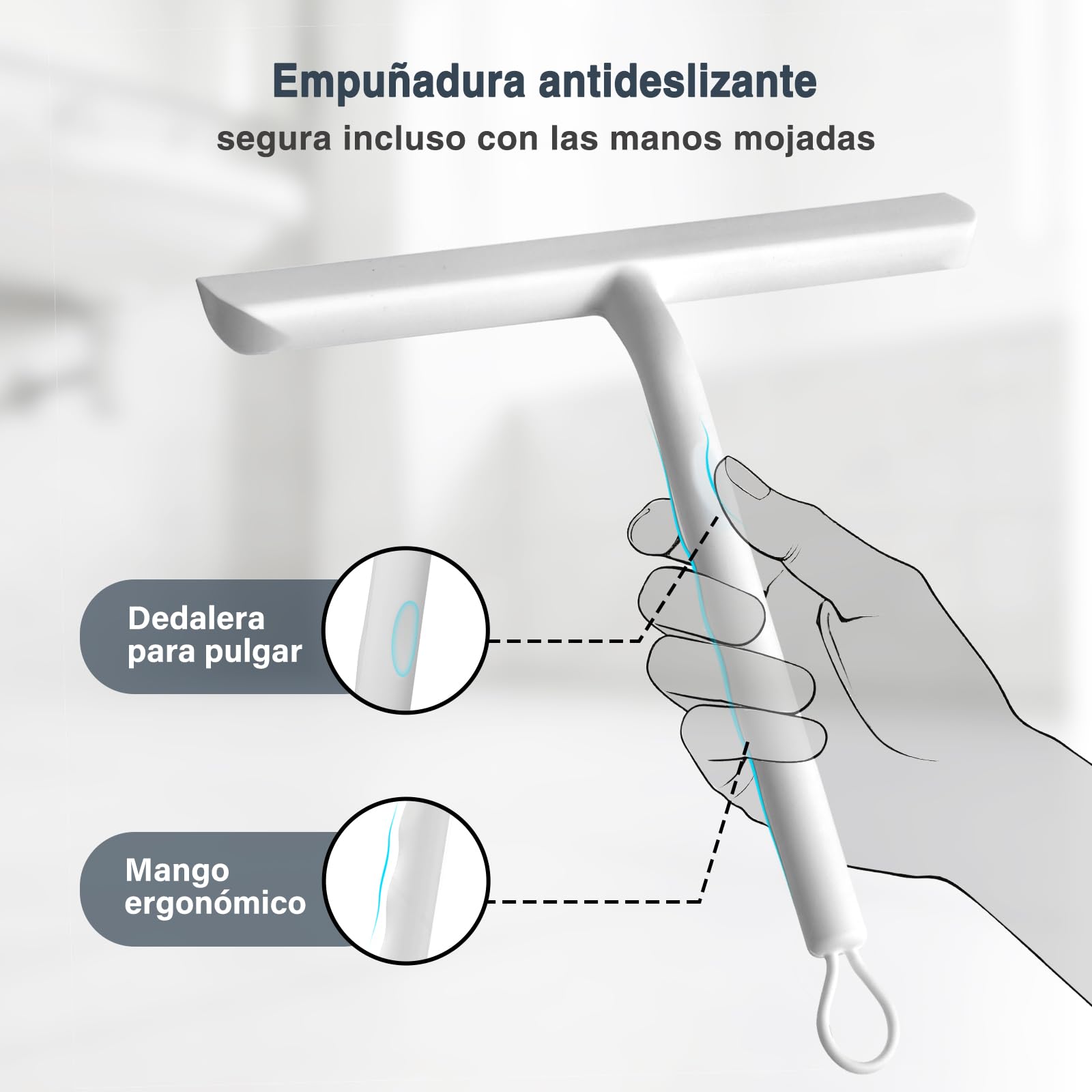 Vinabo Rasqueta Limpiacristales de Silicona para Ducha con Soporte, 21cm, Limpia Mamparas, Espejos y Ventanas sin Dejar Rayas, Diseño Ergonómico Antideslizante, Blanco