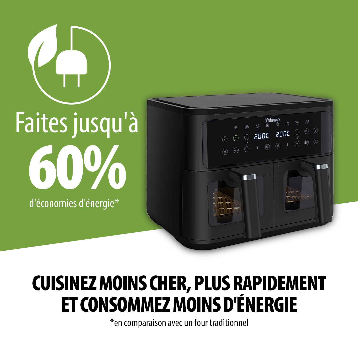 Tristar Friteuse à Air Double Panier, 9 L, 10 Programmes, Écran Tactile, Fenêtres de Cuisson, Sans PFAS, Cuisson Saine Sans Huile, 2500 W, FR-9429, Noir