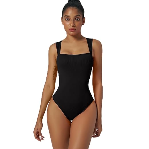 Body feminino de gola quadrada com alças largas e nervuras, sem costura, peça única para uso casual no verão e em camadas