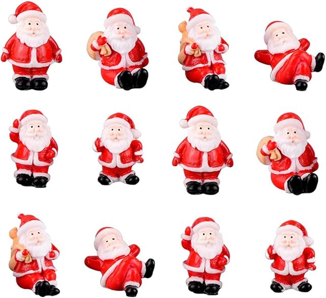 Christmas Decoration Figures Set, 12 Pieces Miniature Santa Claus Decoration Ornaments DIY Micro Christmas Resin Small Figures Children, Friends