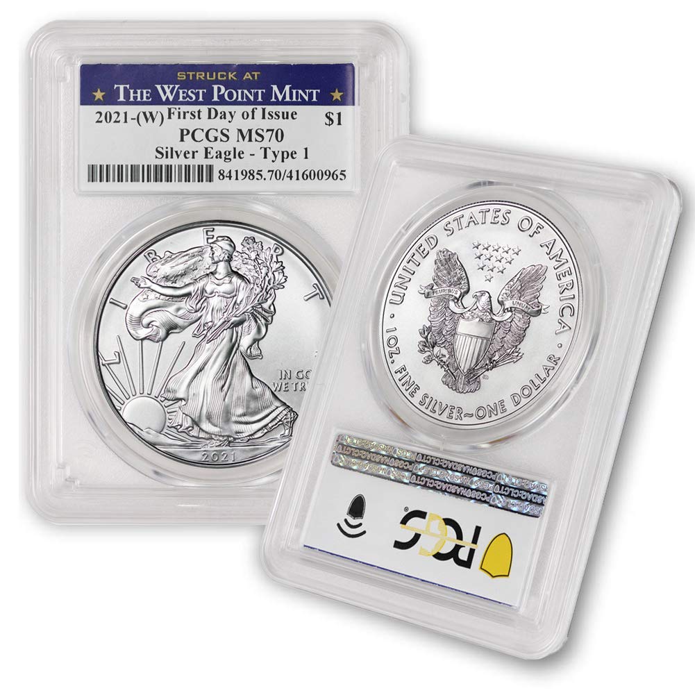 2021 T1 (W) 1 oz American Silver Eagle Coin MS-70 (Type 1 - First Day of Issue - Struck at The West Point Mint) $1 MS70 PCGS