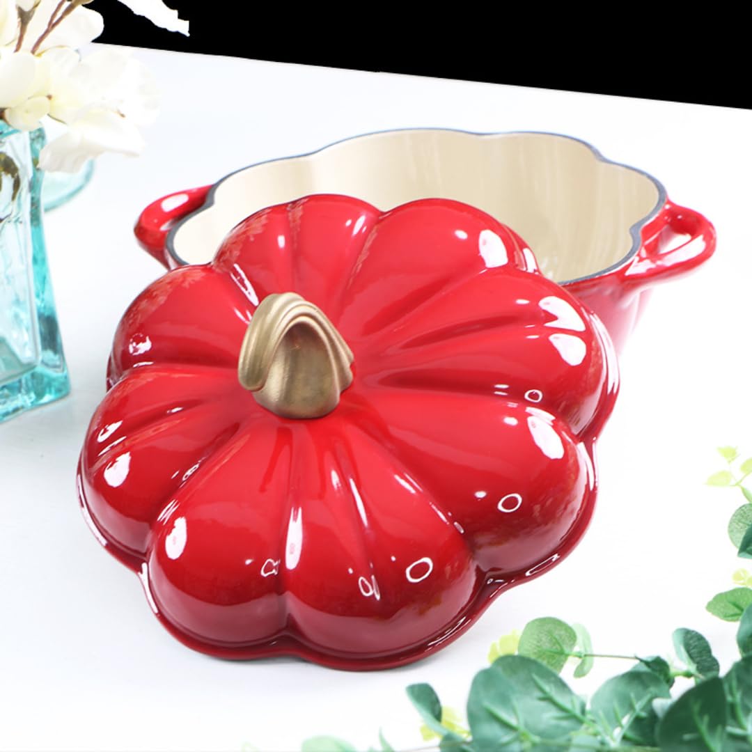 Olla de calabazaTapa de olla para horno, olla de doble oreja, olla de hierro fundida para cocinar al vapor, comidas horneadas en estofado y horno (24 cm/rojo y verde)