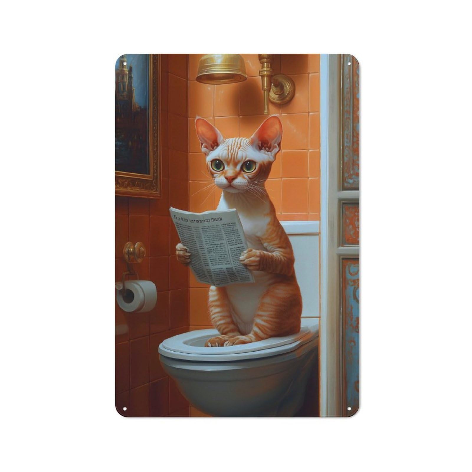 Junmoney Cat Reading On Toilet Funny Rustic Metal Plaque 30X20cm For Studio Or Craft Room, Housewarming Present For People Styling Studio And Craft Room