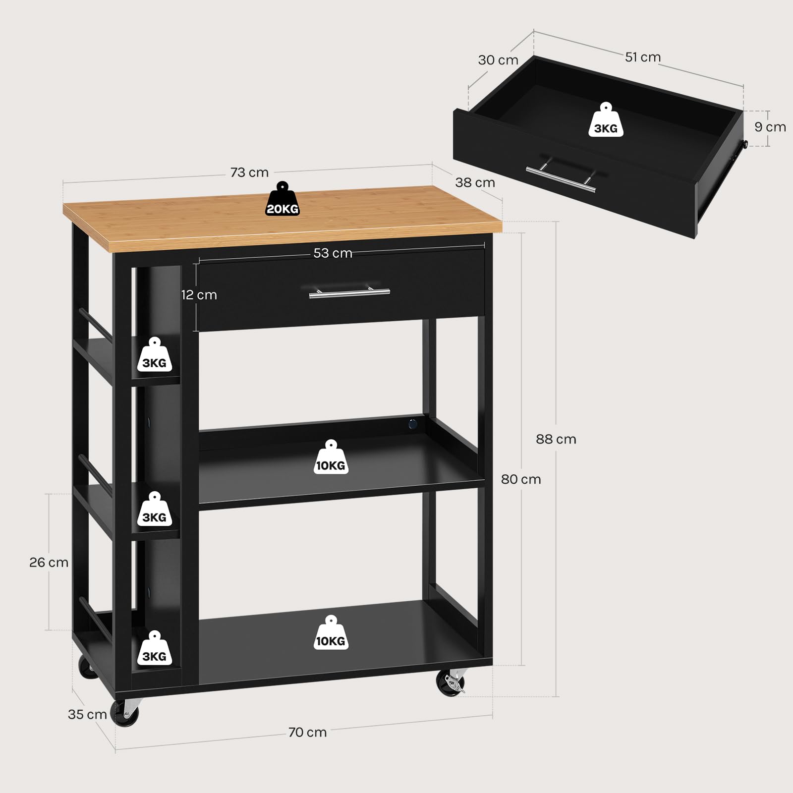 WOLTU Desserte à roulettes, Îlot de Cuisine, Chariot de Rangement avec Plan de Travail, Tiroir et Étagères Ouvertes, pour Salle à Manger/Salle de Bain, 73x38x88cm, Effet de Bambou + Noir, RW051sz