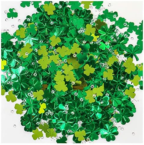 Leesgel 740pcs Shamrock Confetti, St Patricks Day Decorations Confetti, Shamrock Decorations St Patricks Day Decoraitons for the Home Clover Green Confetti Paper (with Fake Diamonds)
