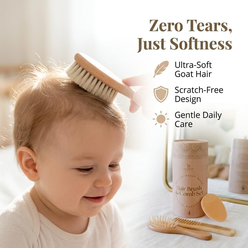 Wooden Baby Hair Brush Grooming Kit with Beech Wood Goat Hair Brush, Cradle Cap Brush, Silicone Scalp Massager, Ultra Soft Bristle Brush | Gender Neutral Newborn Hairbrush Set for Boy or Girl