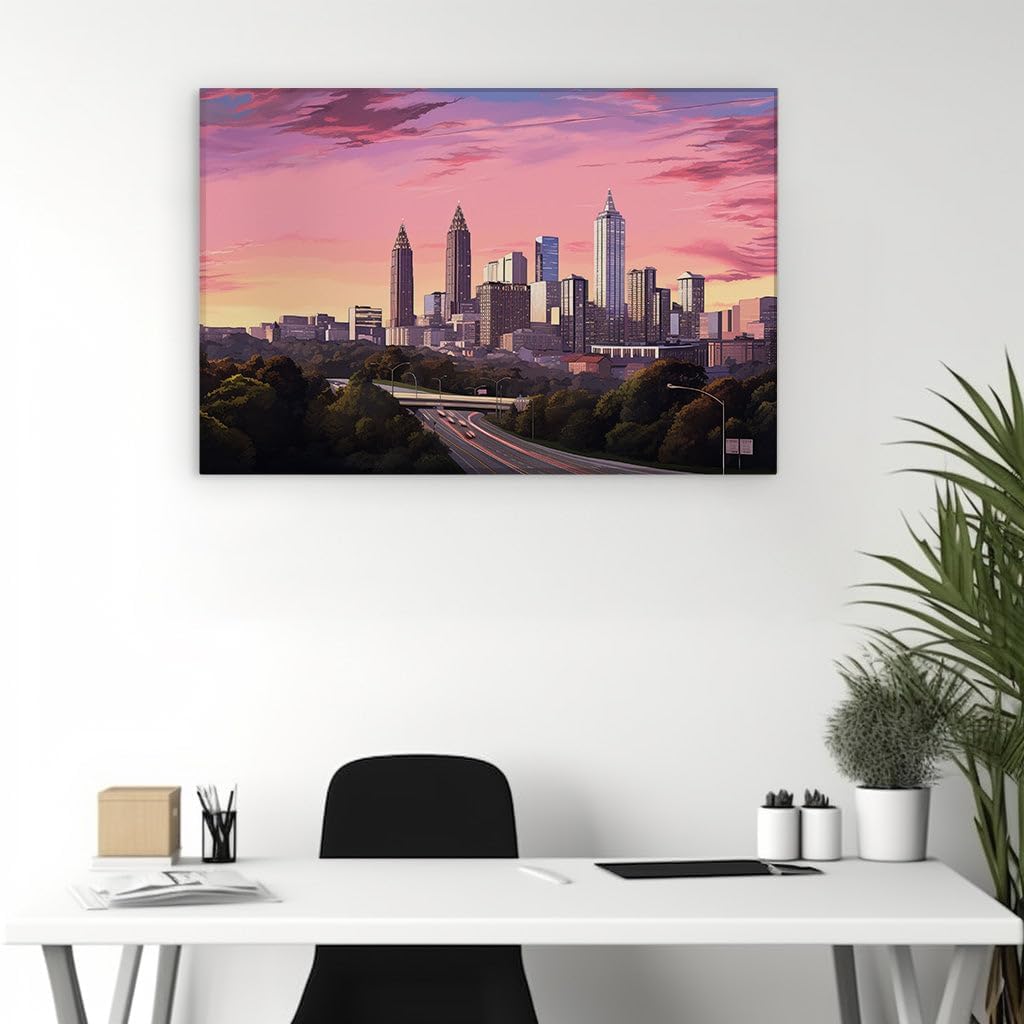 Canvas for Living room. Sunset Hues Over Urban Commute: A Digital Canvas of Movement and Color, 27 x 18 inch Canvas Wall Art - Ready to Hang